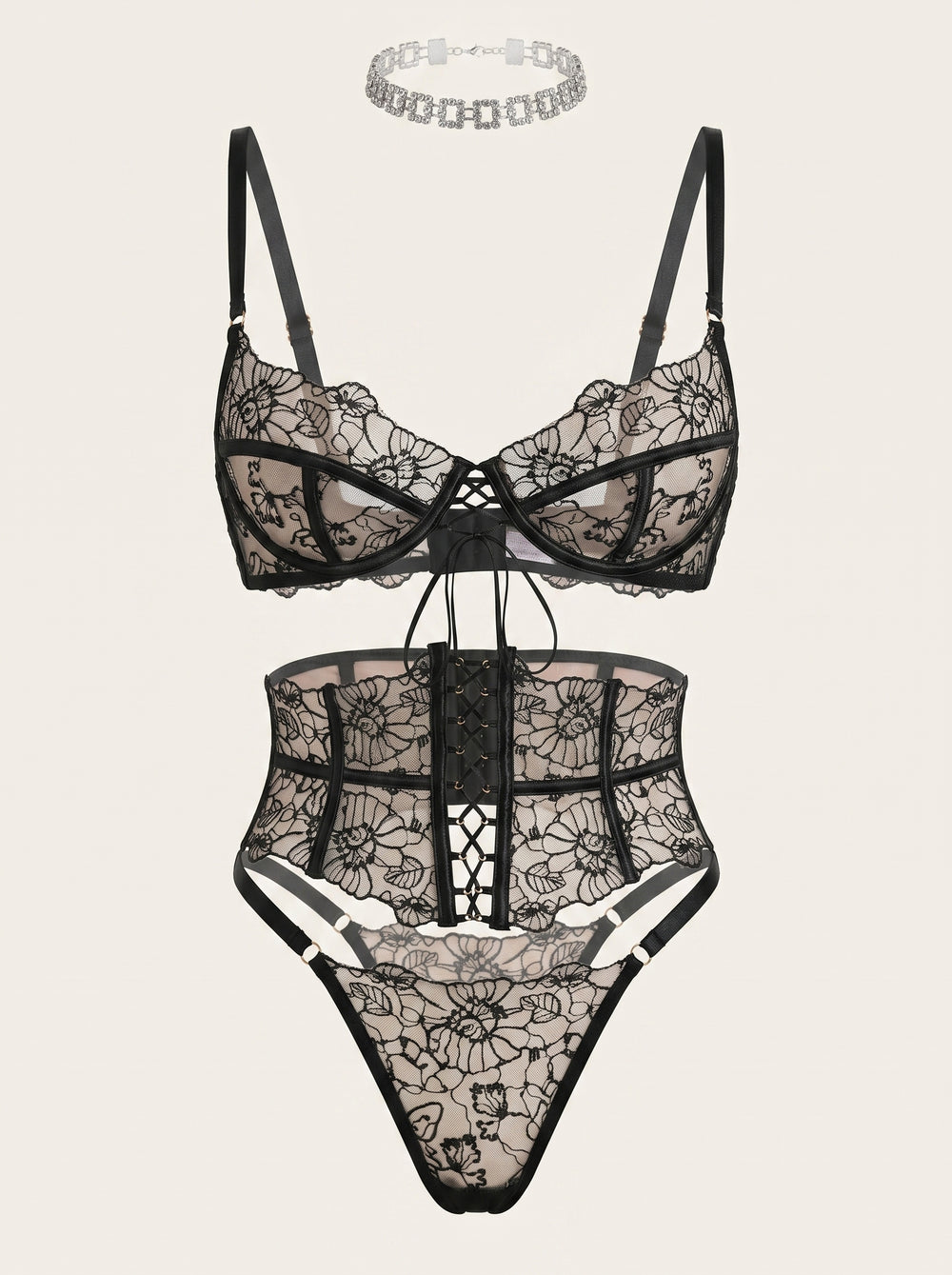 Set di lingerie in rete nera con ricami floreali, 3 pezzi e dettagli a strappy