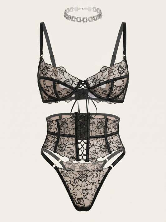 3 Piece Floral Black Embroidered Mesh Lingerie Set with Strappy Details-Corset-Bellascena-Black-S-bellascena
