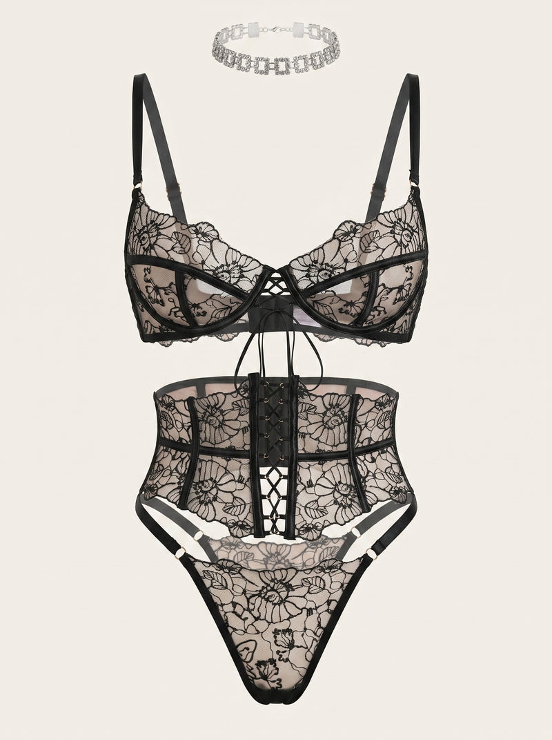3 Piece Floral Black Embroidered Mesh Lingerie Set with Strappy Details
