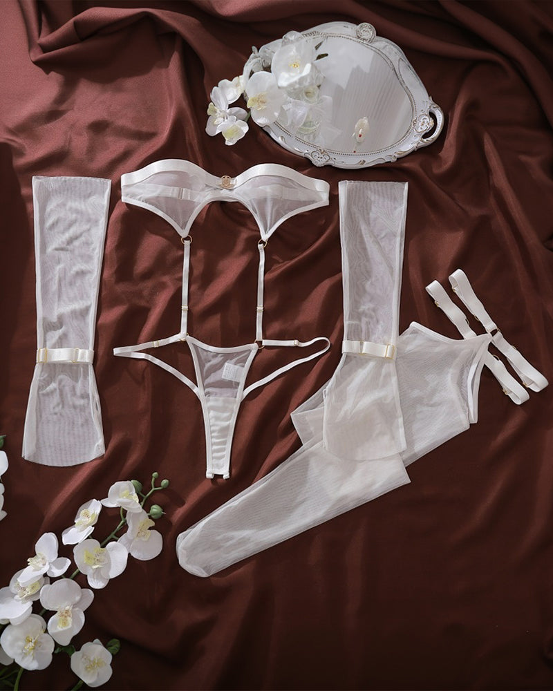 3 Piece Sheer White Mesh Lingerie Set with Strappy Detail-Bodysuit-Bellascena-bellascena