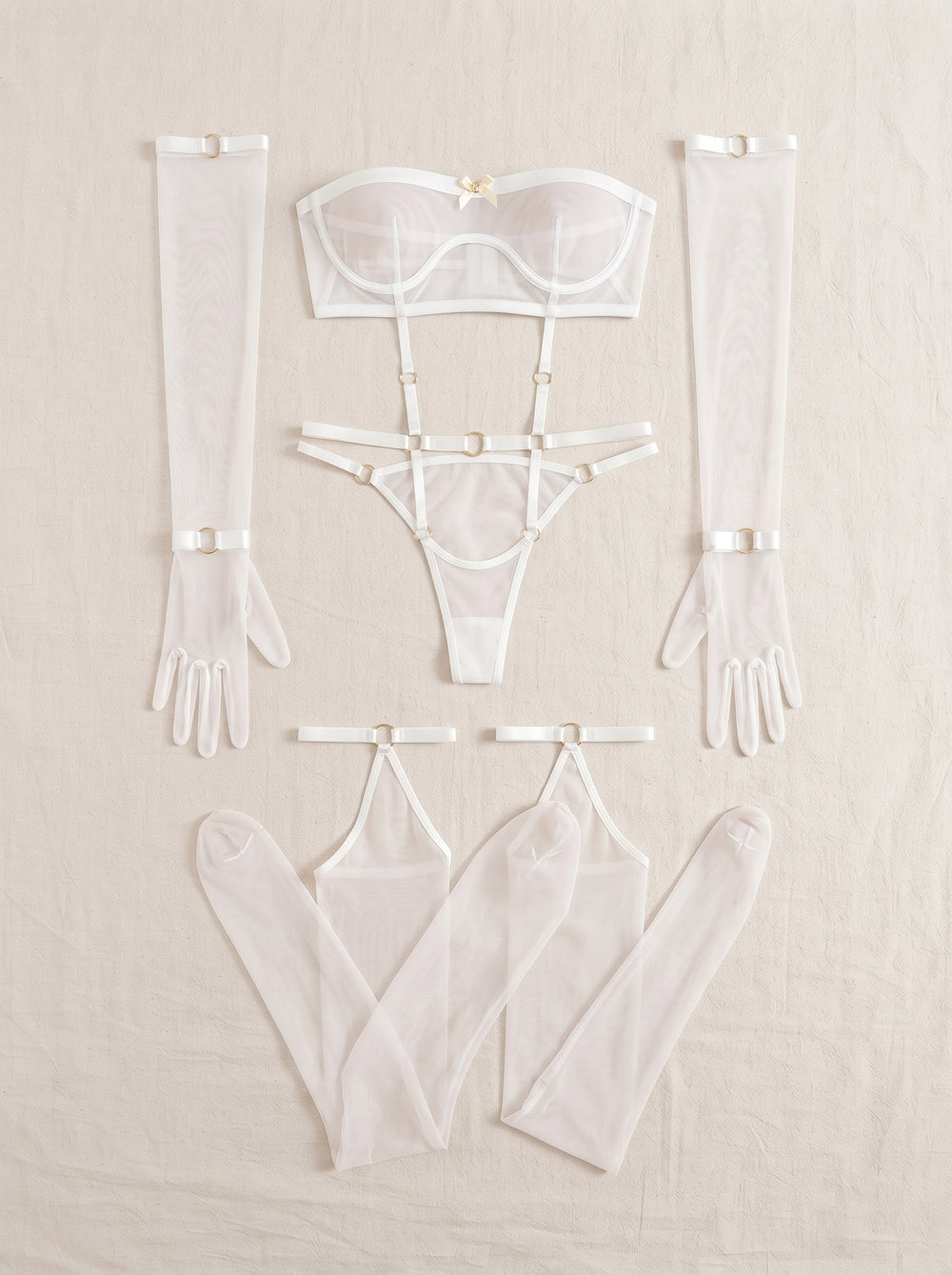 Set di lingerie in 3 pezzi di tulle bianco trasparente con dettagli a spalline