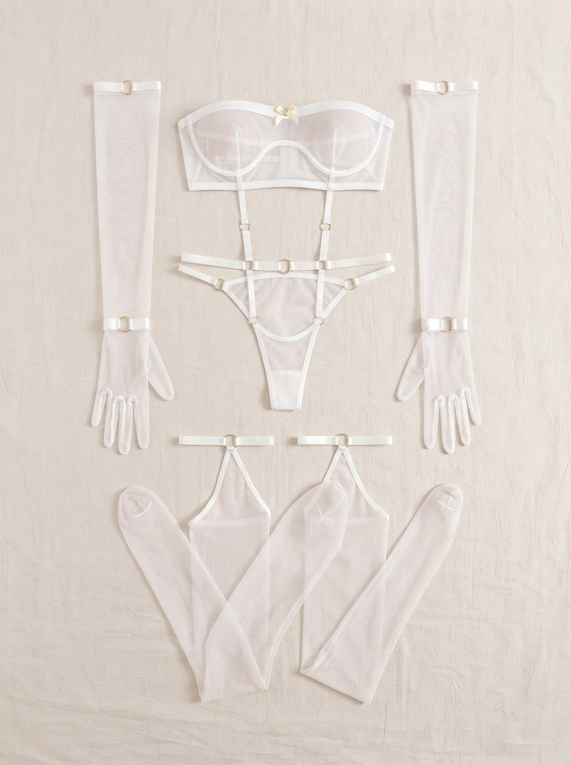 3 Piece Sheer White Mesh Lingerie Set with Strappy Detail