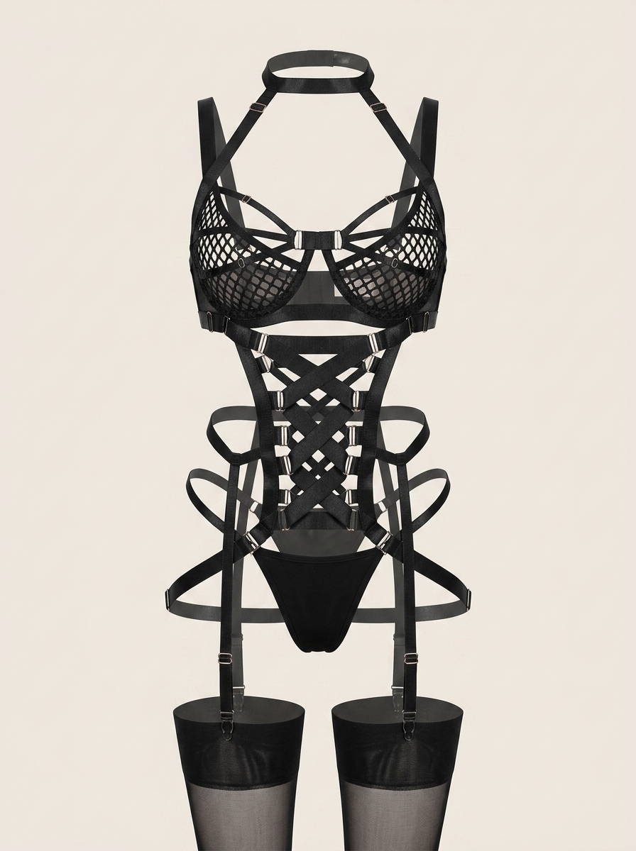 Completo lingerie in rete nera da 5 pezzi con dettagli trasparenti e spalline