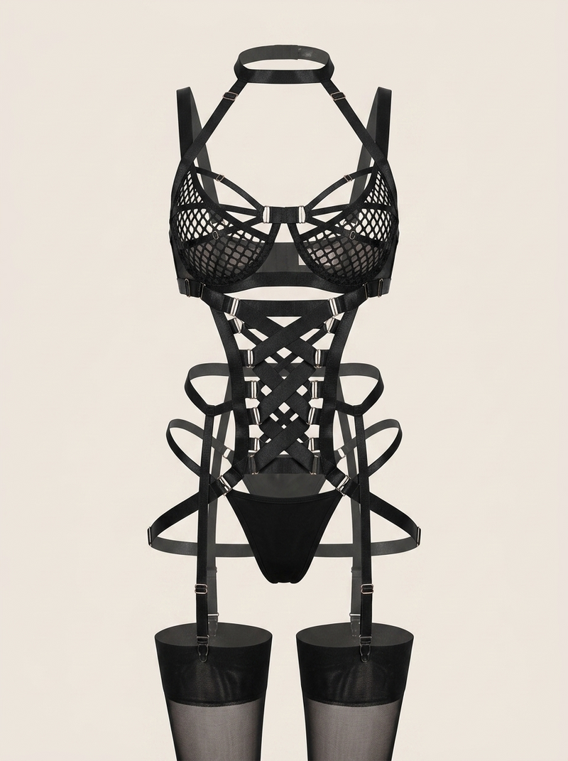 5 Piece Black Mesh Lingerie Set with Strappy Sheer Detailing