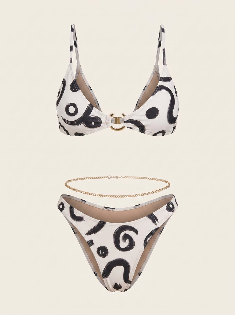 Abstract Black and Beige Polyester Swimwear Set with Bead Detail