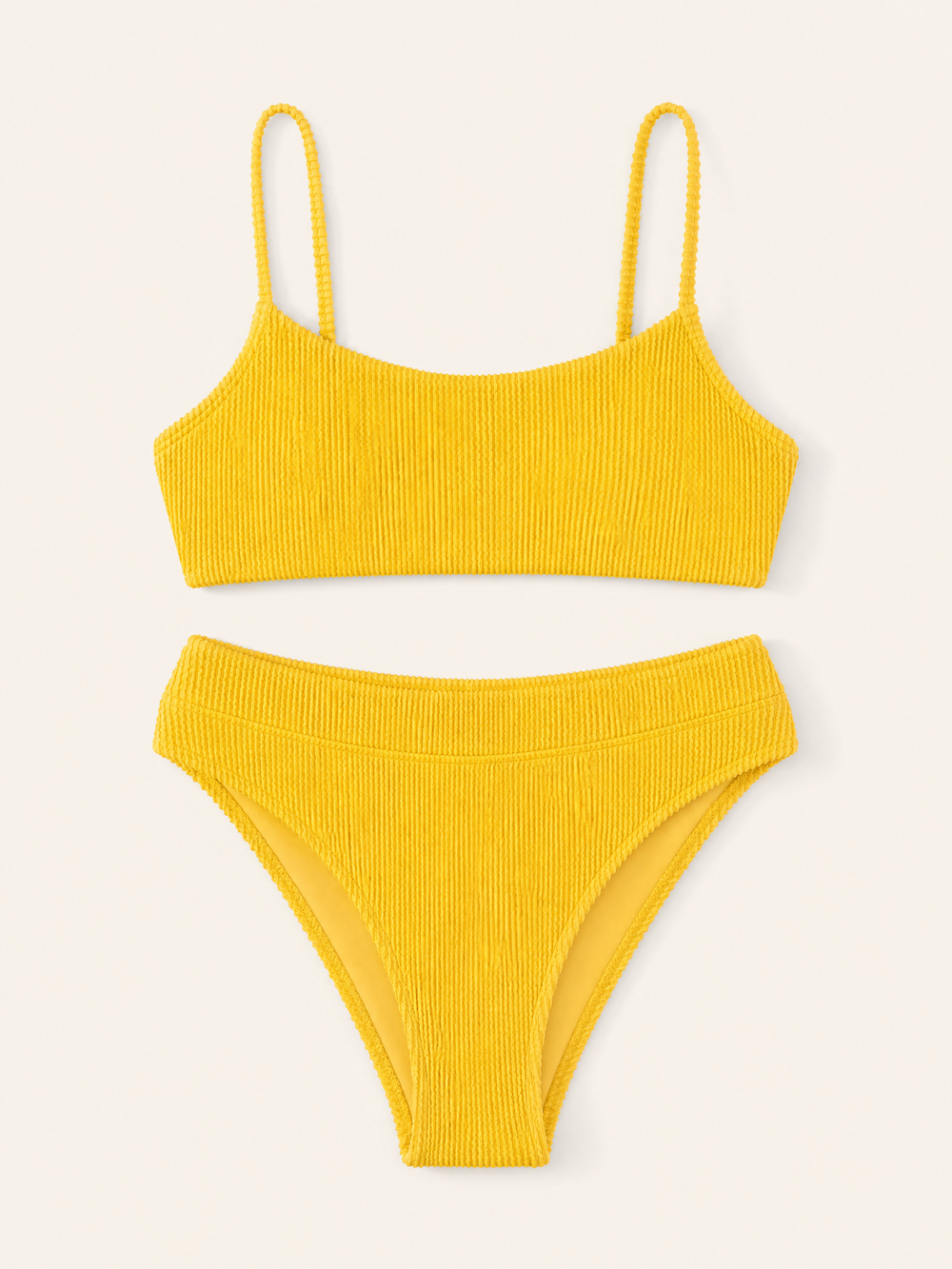 Set di costumi da bagno a coste giallo brillante con spalline regolabili