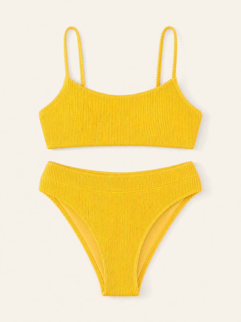 Adjustable Bright Yellow Ribbed Swimwear Set