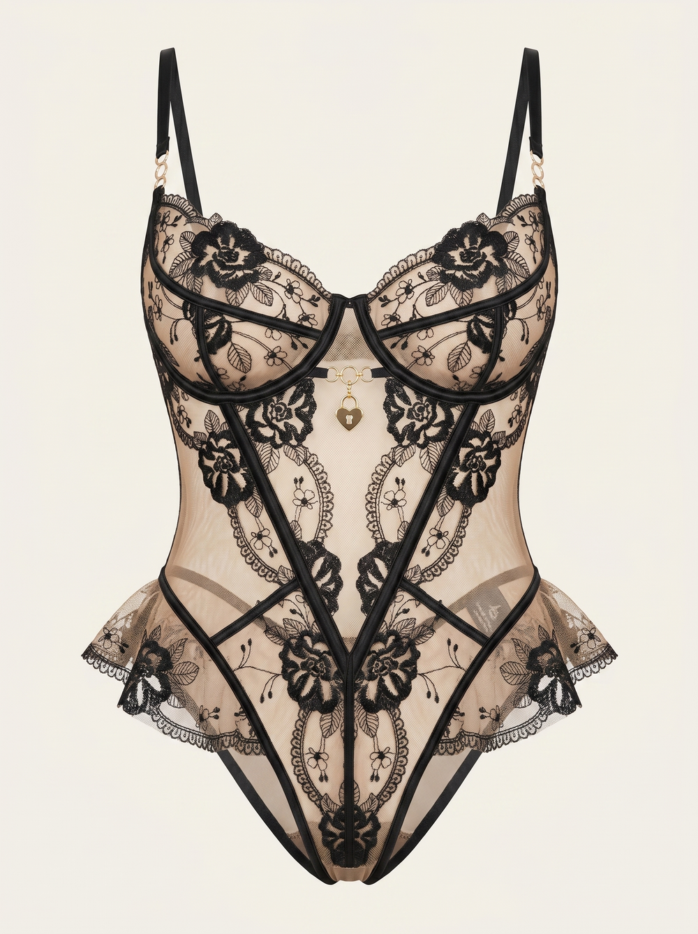 Body nero in pizzo floreale seducente con dettagli trasparenti