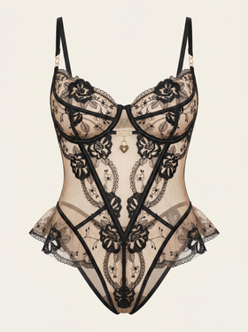 Alluring Black Floral Lace Lingerie Set with Sheer Detail-Lingerie Set-Bellascena-Black-S-bellascena