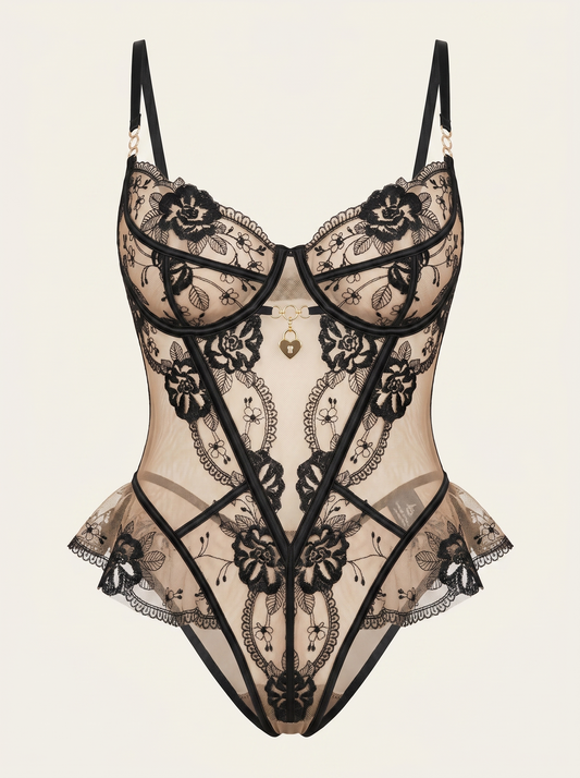 Alluring Black Floral Lace Lingerie Set with Sheer Detail-Lingerie Set-Bellascena-Black-S-bellascena