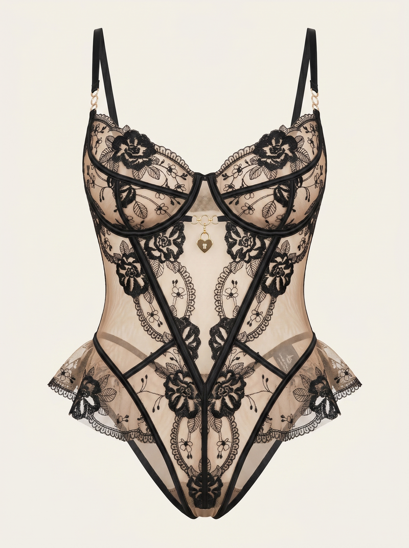 Alluring Black Floral Lace Lingerie Set with Sheer Detail