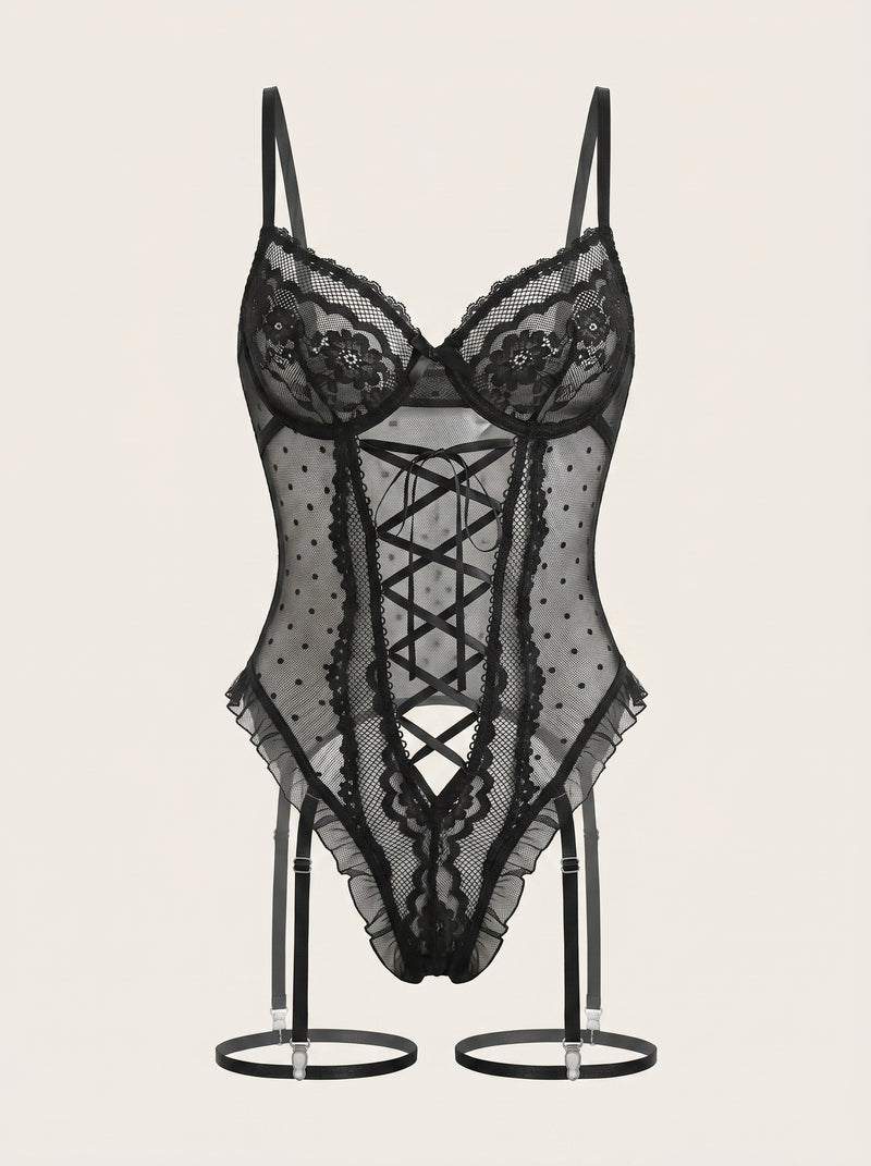 Alluring Black Lace Bodysuit with Strappy Cutouts