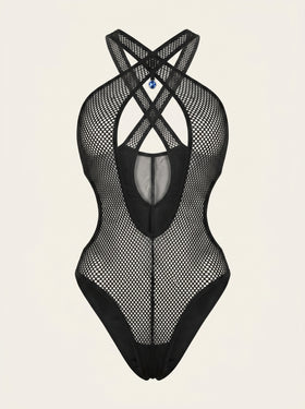 Alluring Black Mesh Bodysuit with Criss-Cross Detail-Bodysuit-Bellascena-Black-S-bellascena