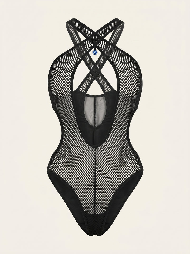 Alluring Black Mesh Bodysuit with Criss-Cross Detail