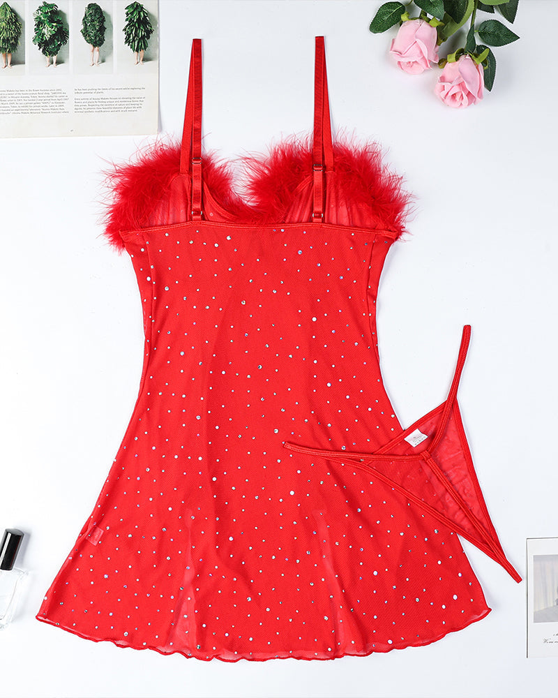 Alluring Black Mesh Dress Set with Feather Trim-Nightgown-Bellascena-bellascena