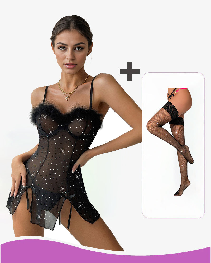 Alluring Black Mesh Dress Set with Feather Trim-Nightgown-Bellascena-bellascena