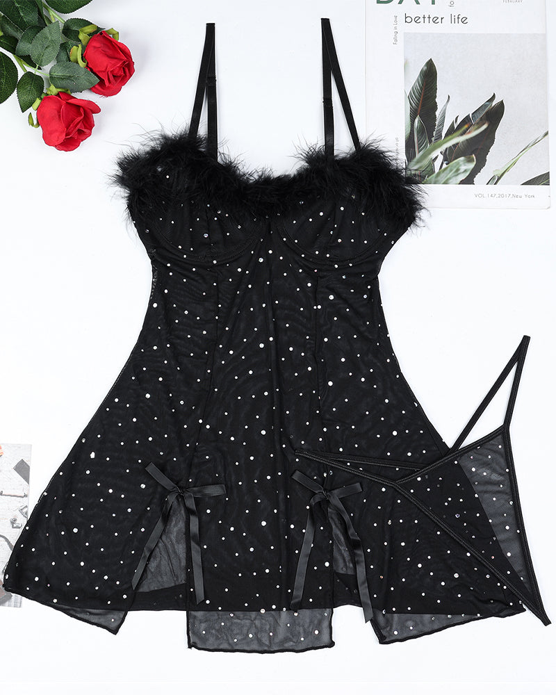 Alluring Black Mesh Dress Set with Feather Trim-Nightgown-Bellascena-bellascena