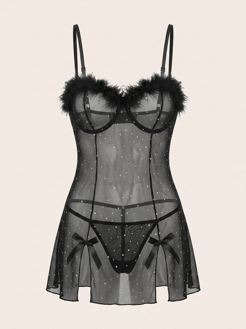Alluring Black Mesh Dress Set with Feather Trim