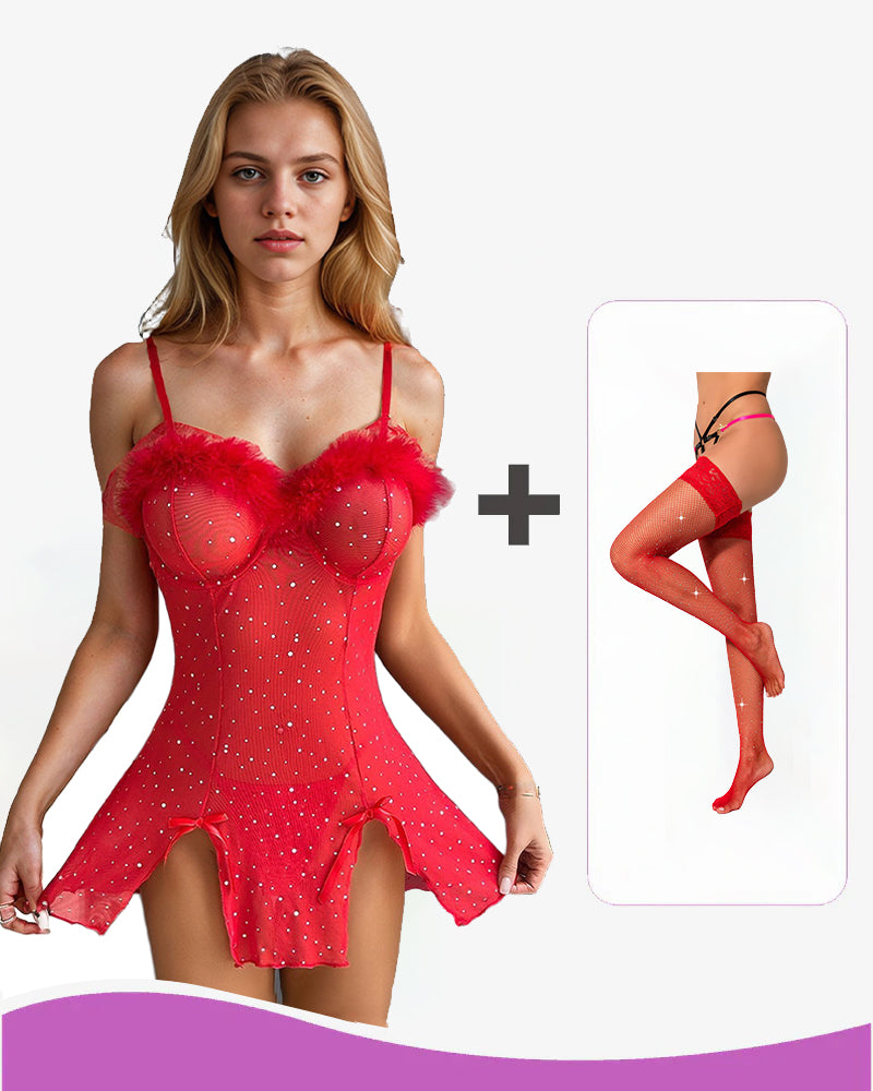 Alluring Black Mesh Dress Set with Feather Trim-Nightgown-Bellascena-Red+stockings-S-bellascena