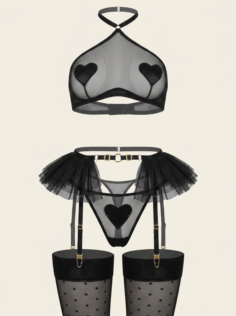Alluring Black Mesh Lingerie Set with Strappy Ruffles