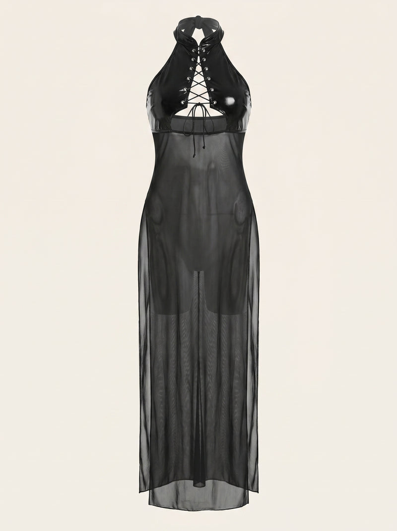 Alluring Black Mesh Nightgown with Lace-Up & Cutout