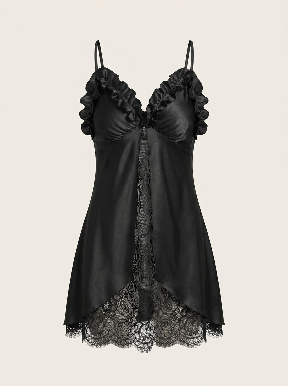 Babydoll nero seducente in raso con bordi a volant