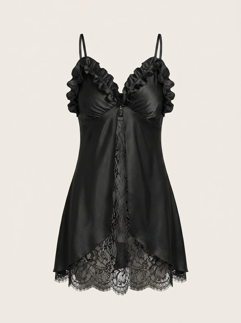 Alluring Black Satin Babydoll with Ruffle Trim