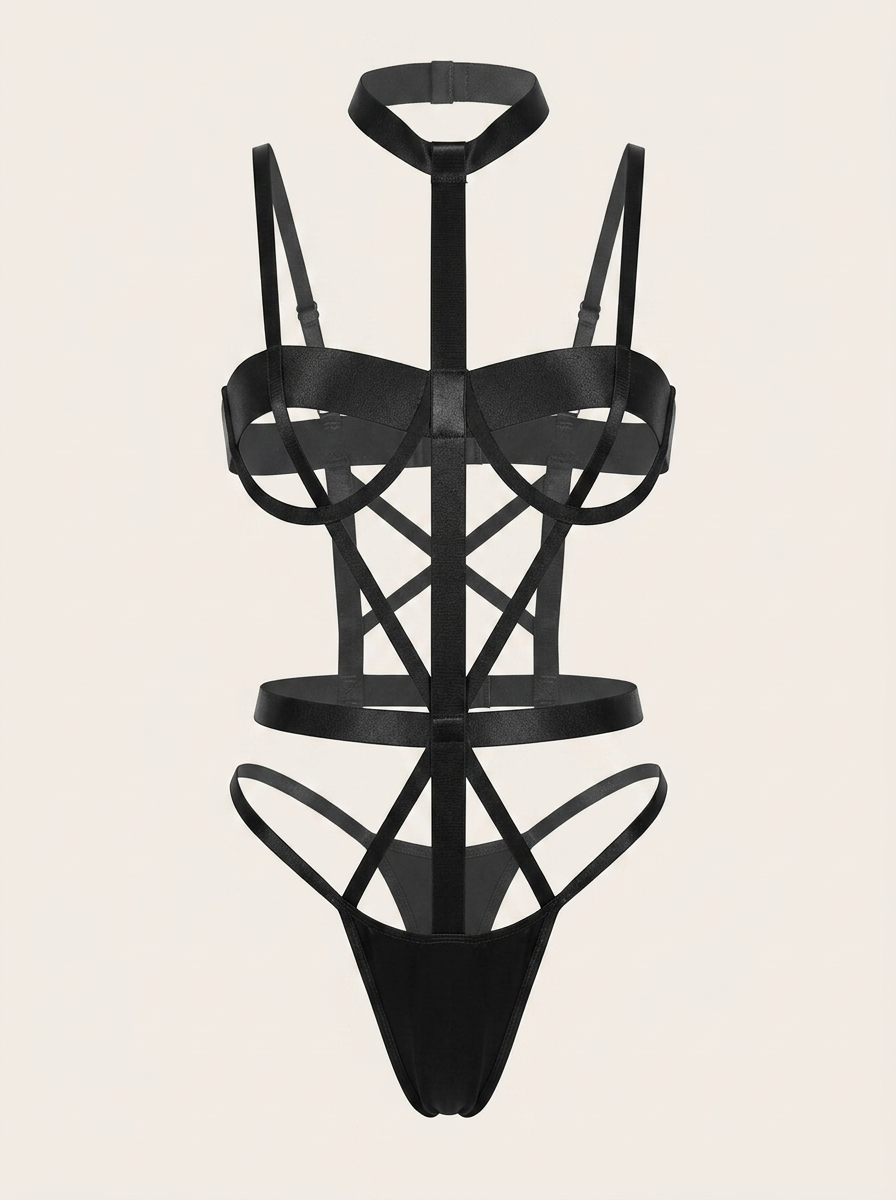 Black Sheer Mesh Harness with Strappy Cutouts