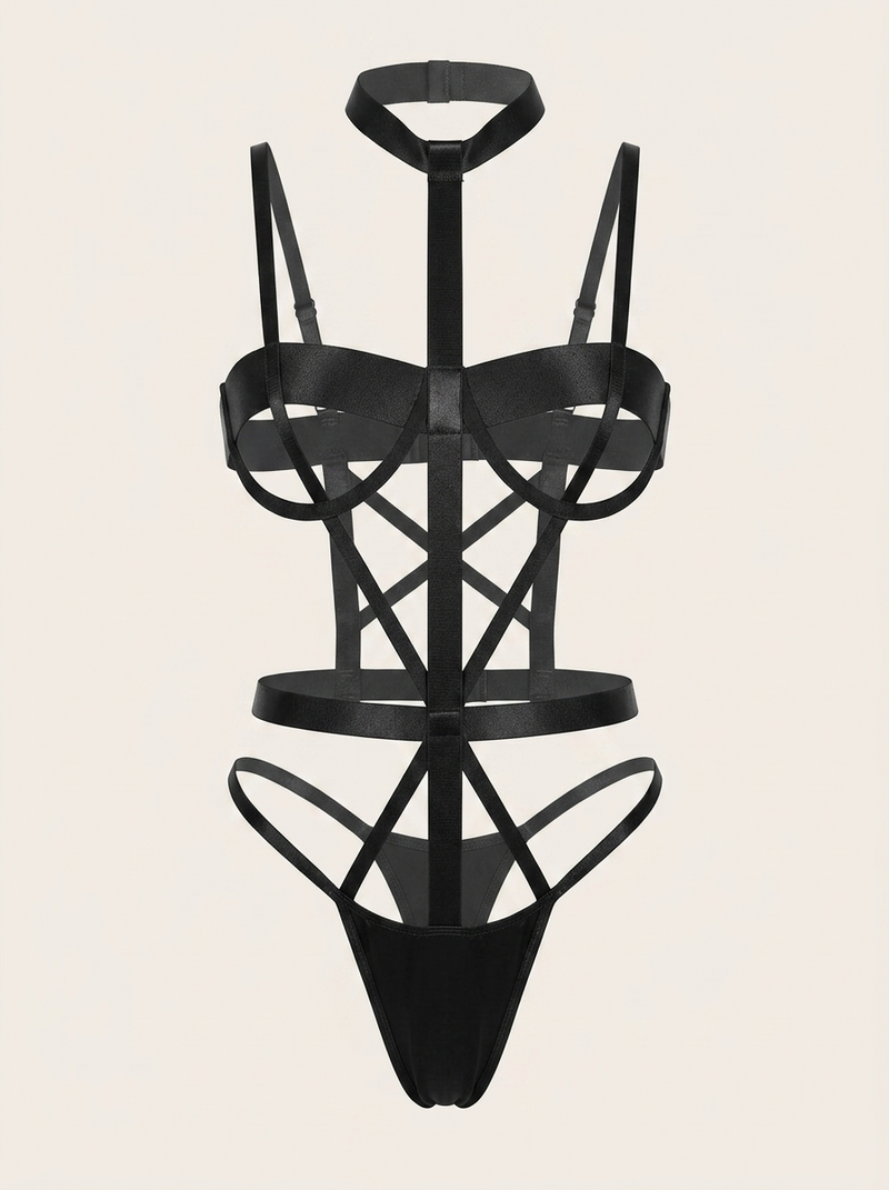 Alluring Black Sheer Mesh Bodystocking with Strappy Cutouts