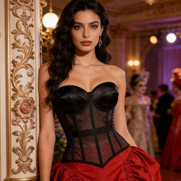 Alluring Black and Red Satin Corset with Sheer Back Tie-Corset-Bellascena-bellascena