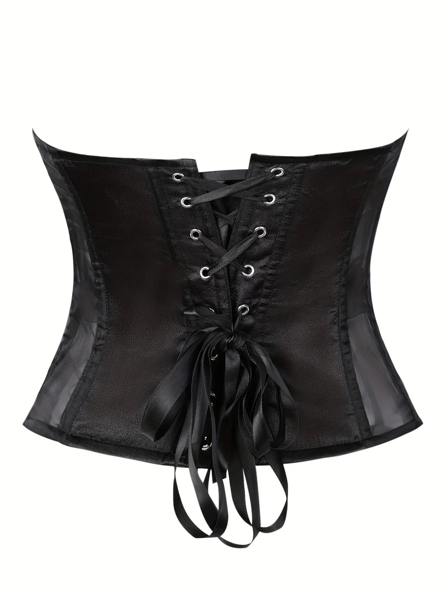 Alluring Black and Red Satin Corset with Sheer Back Tie-Corset-Bellascena-bellascena
