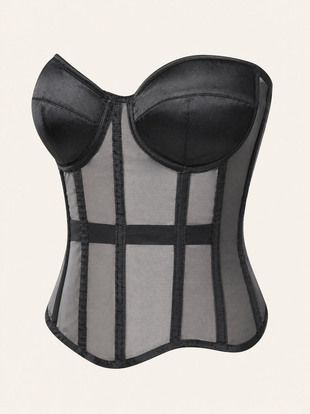 Corsetto nero in raso e tulle con allacciatura posteriore trasparente