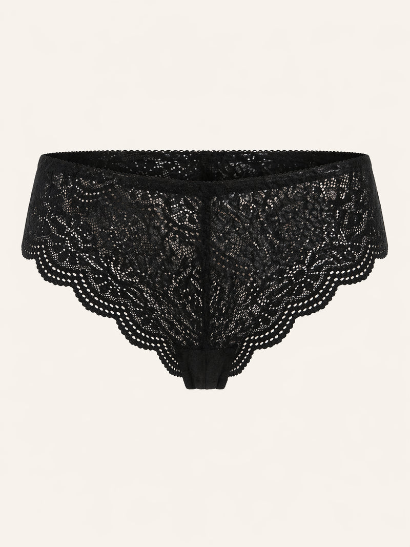 Alluring Floral Black Lace Panty with Scalloped Edges