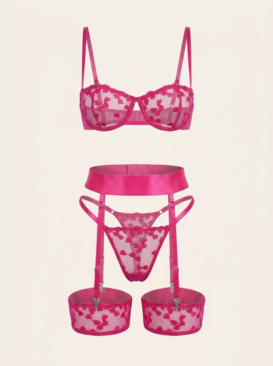 Set di lingerie seducente in mesh rosa ricamato con stampa floreale e dettagli con spalline