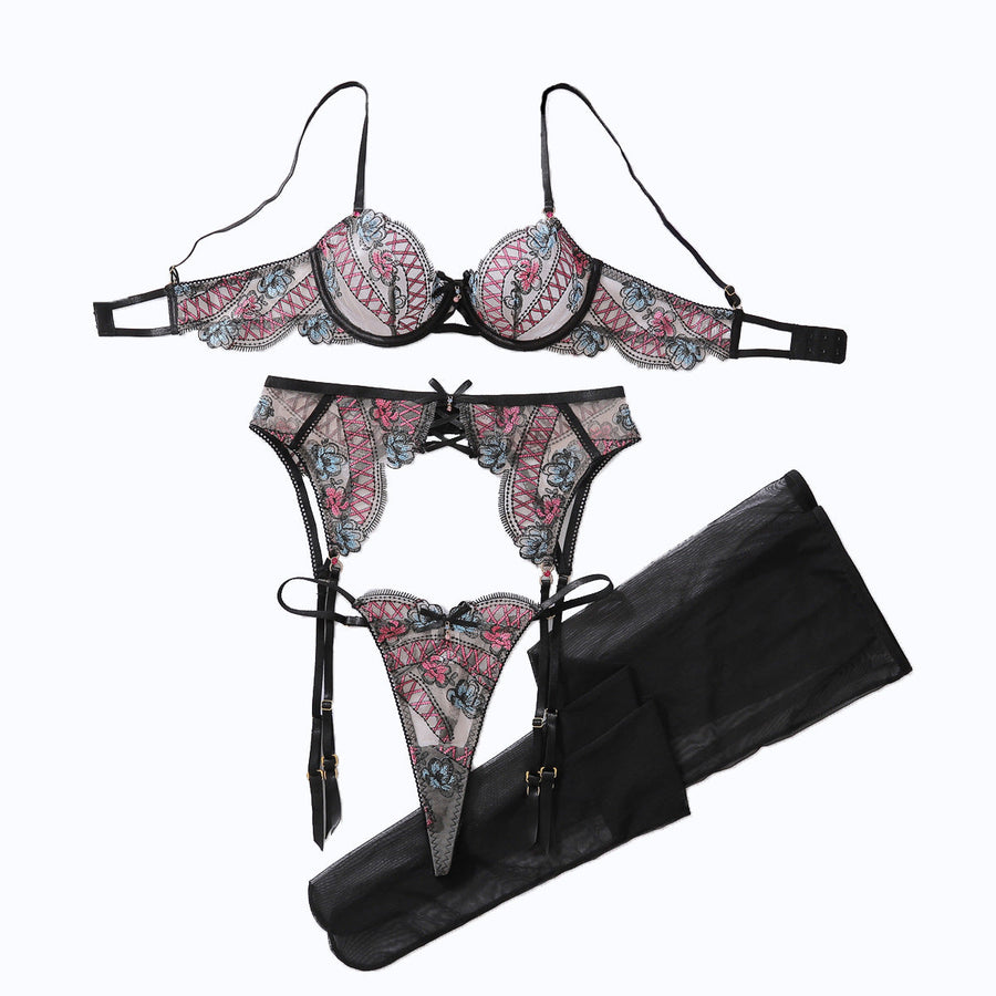 Alluring Floral Pink and Blue Embroidered Mesh Lingerie Set with Underwire Support-Lingerie Set-Bellascena-bellascena