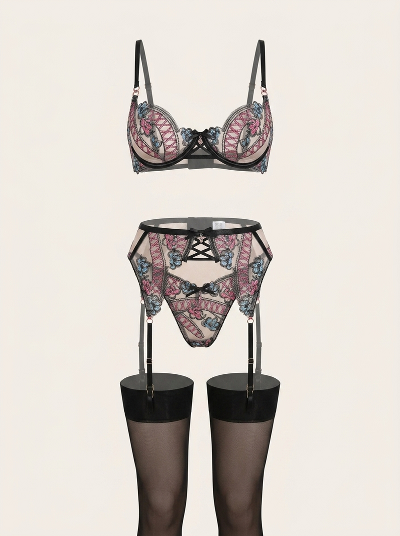 Alluring Floral Pink and Blue Embroidered Mesh Lingerie Set with Underwire Support