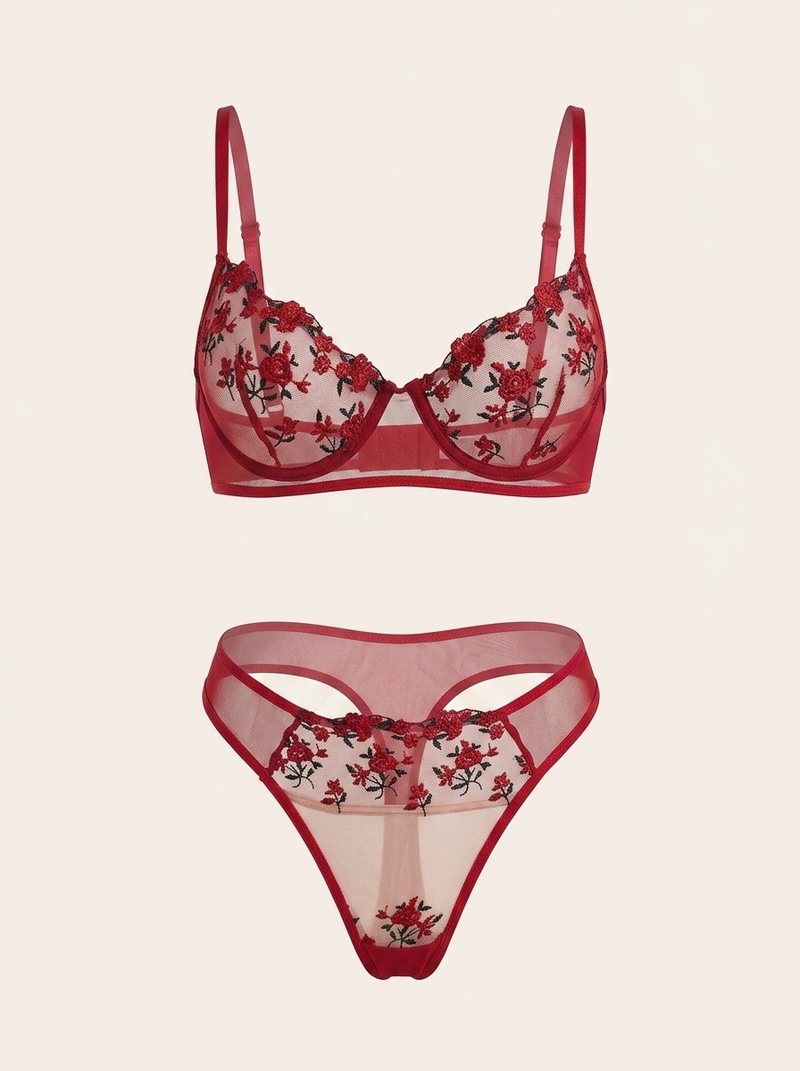 Alluring Floral Red Embroidered Mesh Lingerie Set with Strappy Detail