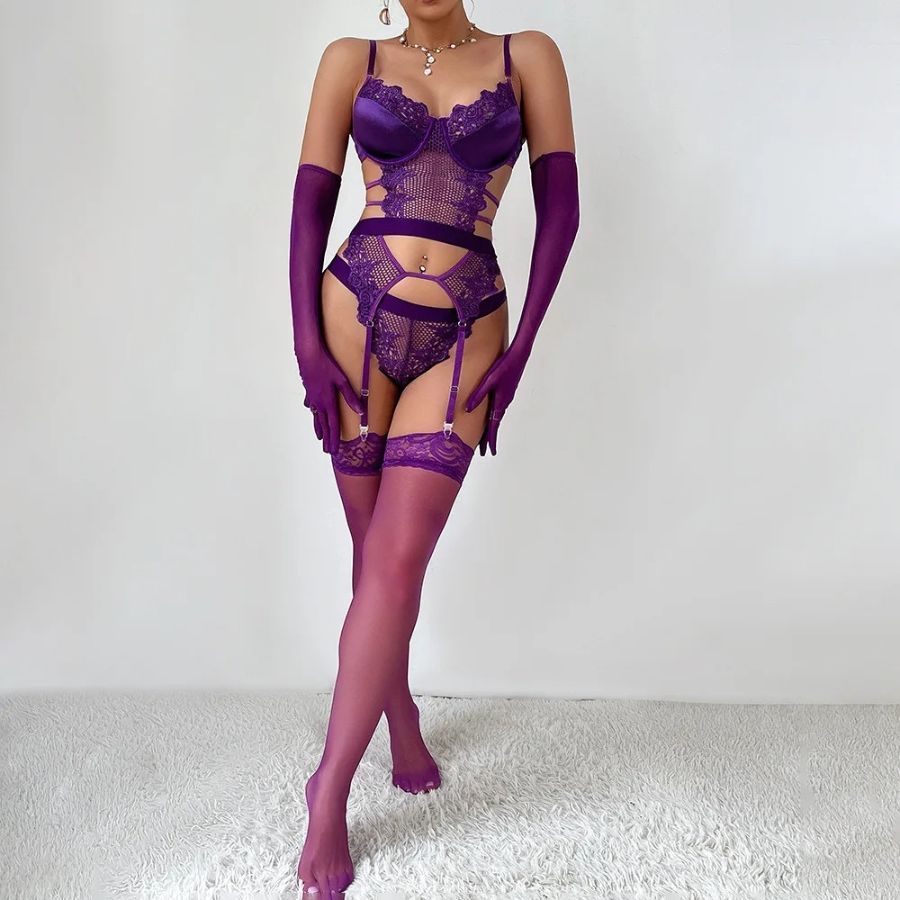 Alluring Purple Lace Bodysuit with Strappy Detailing-Bodysuit-Bellascena-bellascena