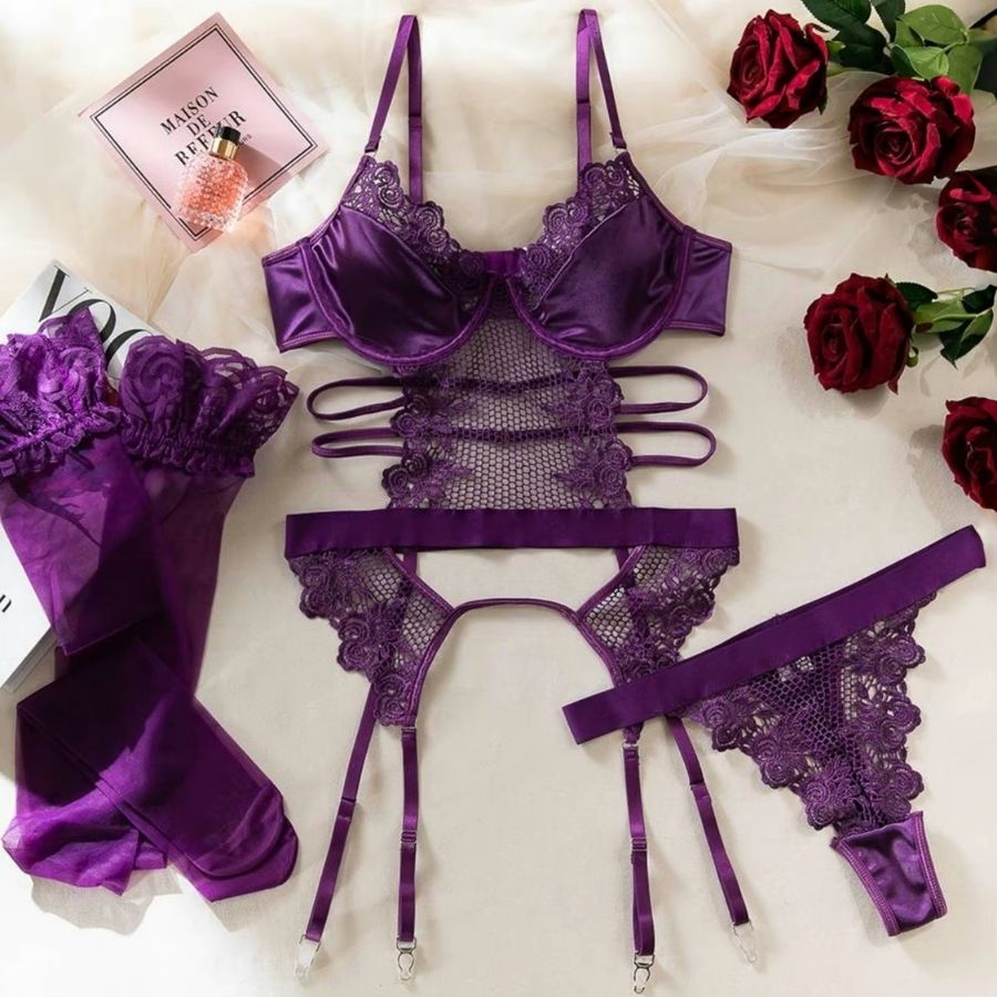 Alluring Purple Lace Bodysuit with Strappy Detailing-Bodysuit-Bellascena-bellascena