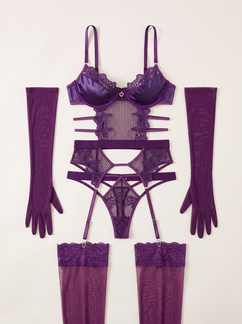 Alluring Purple Lace Bodysuit with Strappy Detailing