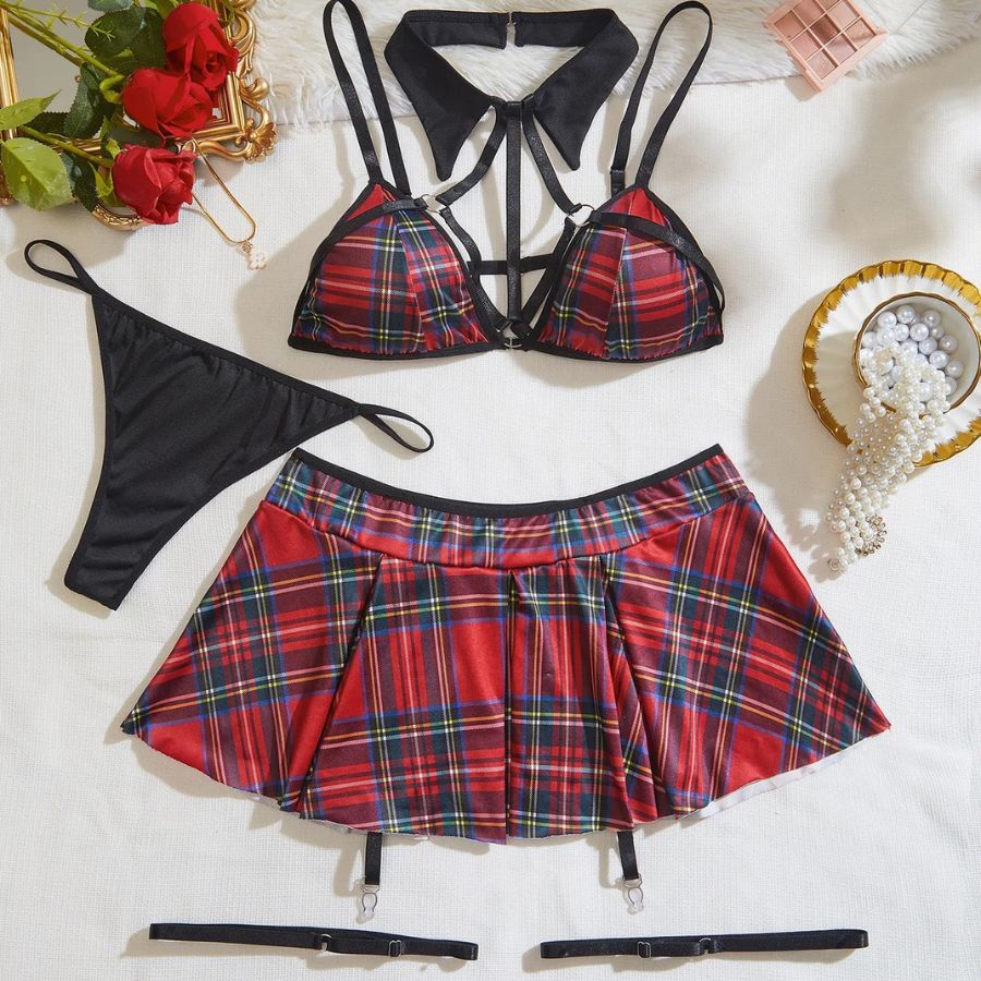 Alluring Red Plaid Satin Bodysuit with Strappy Cutout-Bodysuit-Bellascena-bellascena