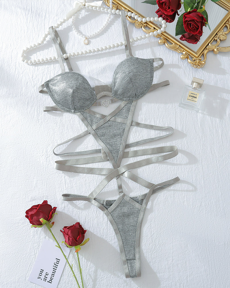 Alluring Silver Satin Teddy with Strappy Details-Bodysuit-Bellascena-bellascena