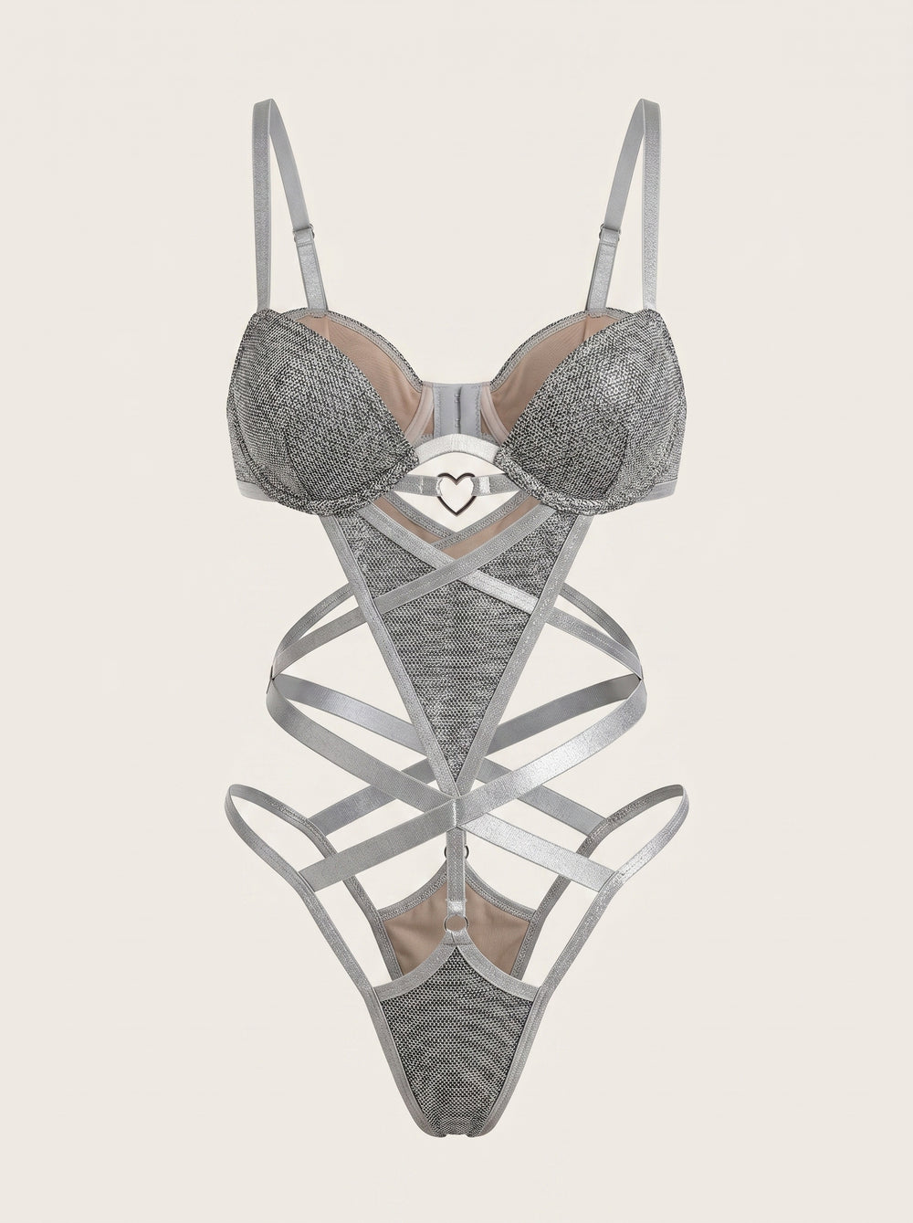 Seducente teddy in raso argentato con dettagli a spalline