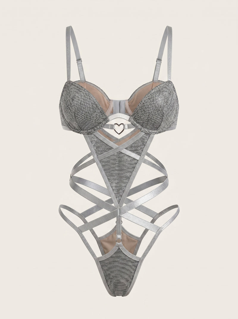 Alluring Silver Satin Teddy with Strappy Details