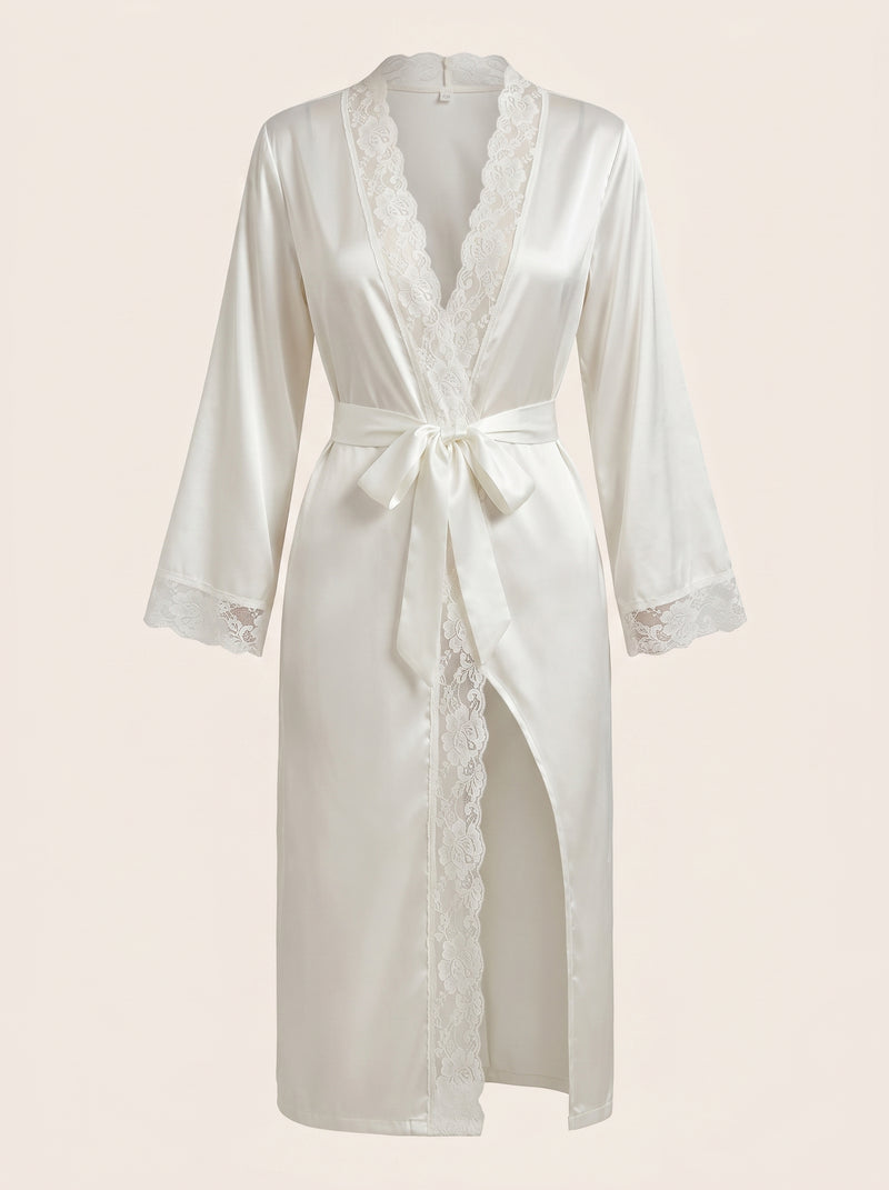 Alluring White Satin Kimono Robe with Lace Trim