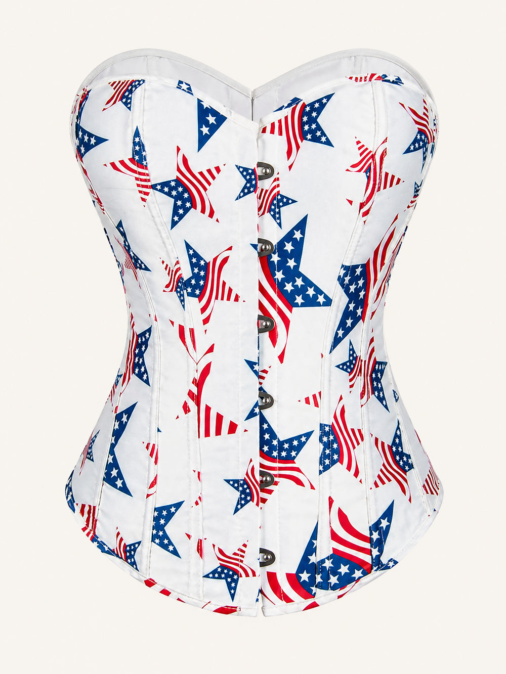 Corsetto in raso con motivo a stelle della bandiera americana e 14 stecche