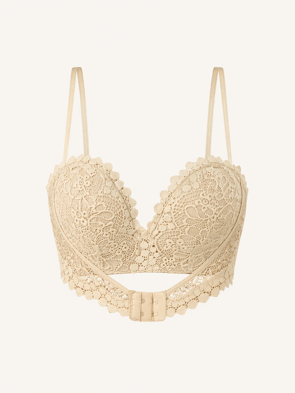 Bralette beige in pizzo con elegante trasparenza e spalline sottili