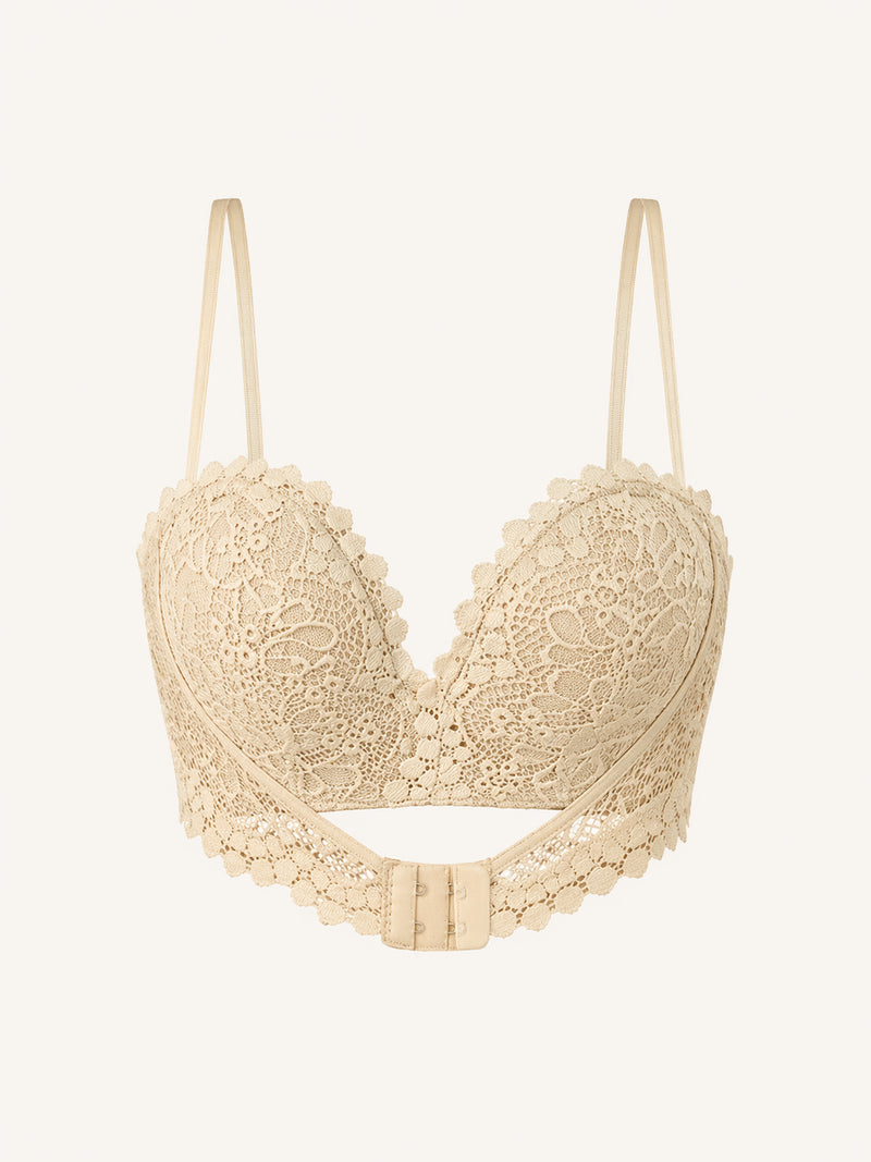 Beige Lace Bralette Set with Strappy Sheer Elegance