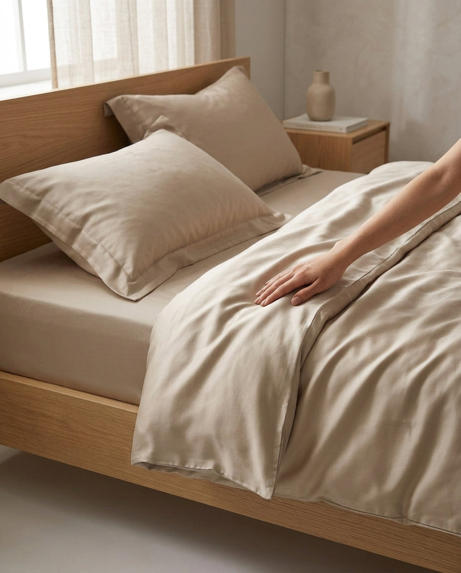 Beige Satin Duvet Cover with Luxe Feel-Duvet Cover-Bellascena-bellascena