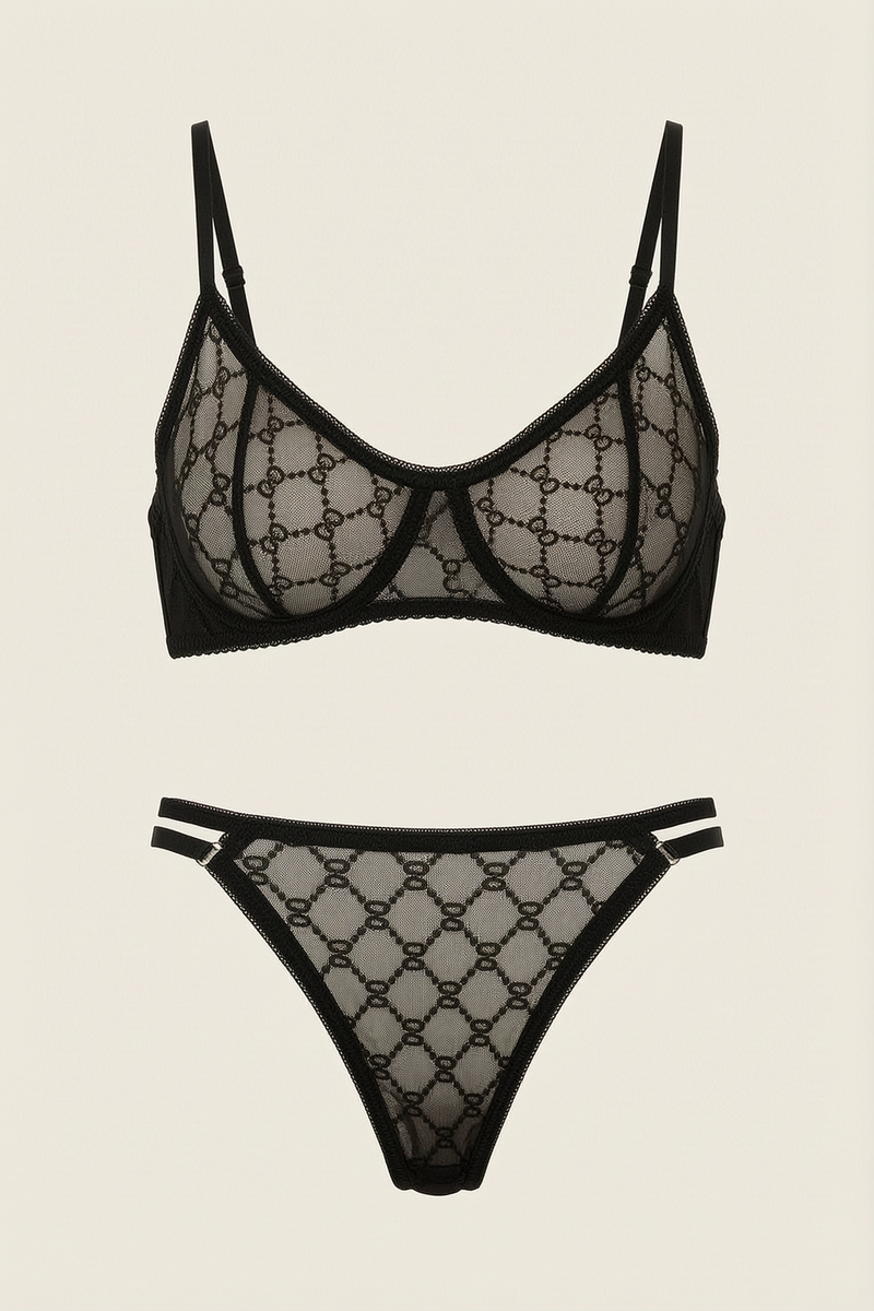 Zwarte geborduurde lingerieset van mesh met elegante transparantie